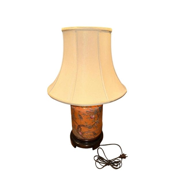 Late 20th Century Hand-Painted Orange Chinoiserie Lamp With Bird and Floral Motif | IdleHour