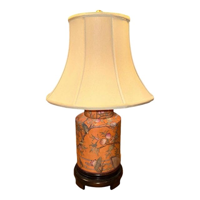 Late 20th Century Hand-Painted Orange Chinoiserie Lamp With Bird and Floral Motif | IdleHour