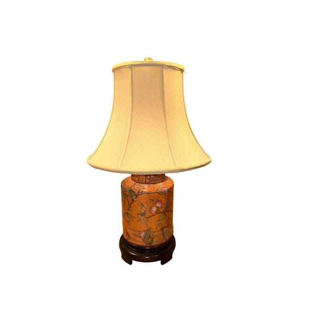 Late 20th Century Hand-Painted Orange Chinoiserie Lamp With Bird and Floral Motif | IdleHour