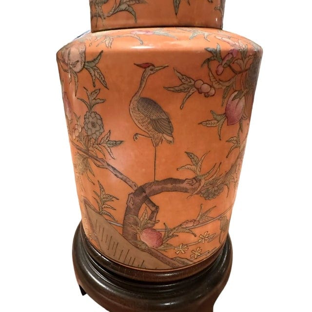 Late 20th Century Hand-Painted Orange Chinoiserie Lamp With Bird and Floral Motif | IdleHour