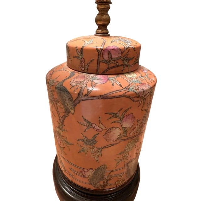 Late 20th Century Hand-Painted Orange Chinoiserie Lamp With Bird and Floral Motif | IdleHour