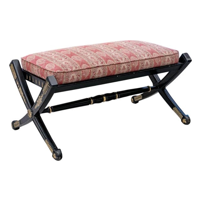 Late 20th Century Hollywood Regency Styled Bench With Red Paisley Upholstery | IdleHour
