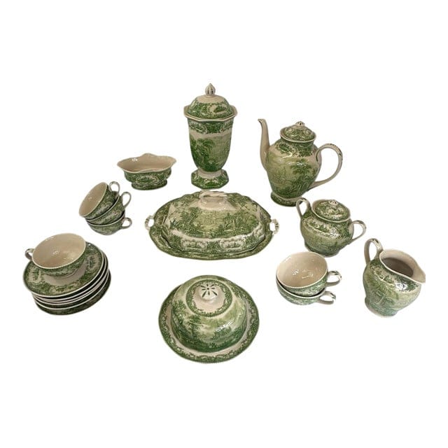 Late 20th Century Italian Reproduction Green and White China Tea Set - 24 Pieces | IdleHour