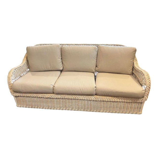 Late 20th Century Limed Wicker Sofa With Tan Cushions | IdleHour