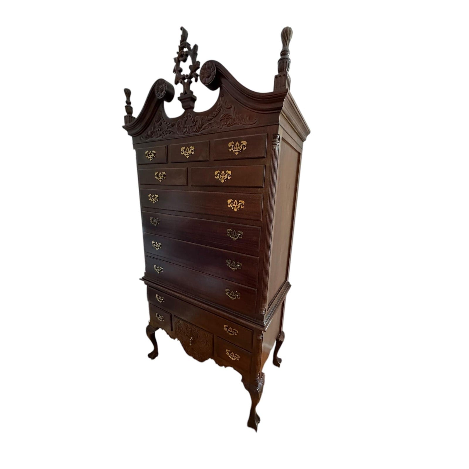 Late 20th Century National Mount Airy Chippendale Solid Cherry Highboy With Brass Hardware | IdleHour
