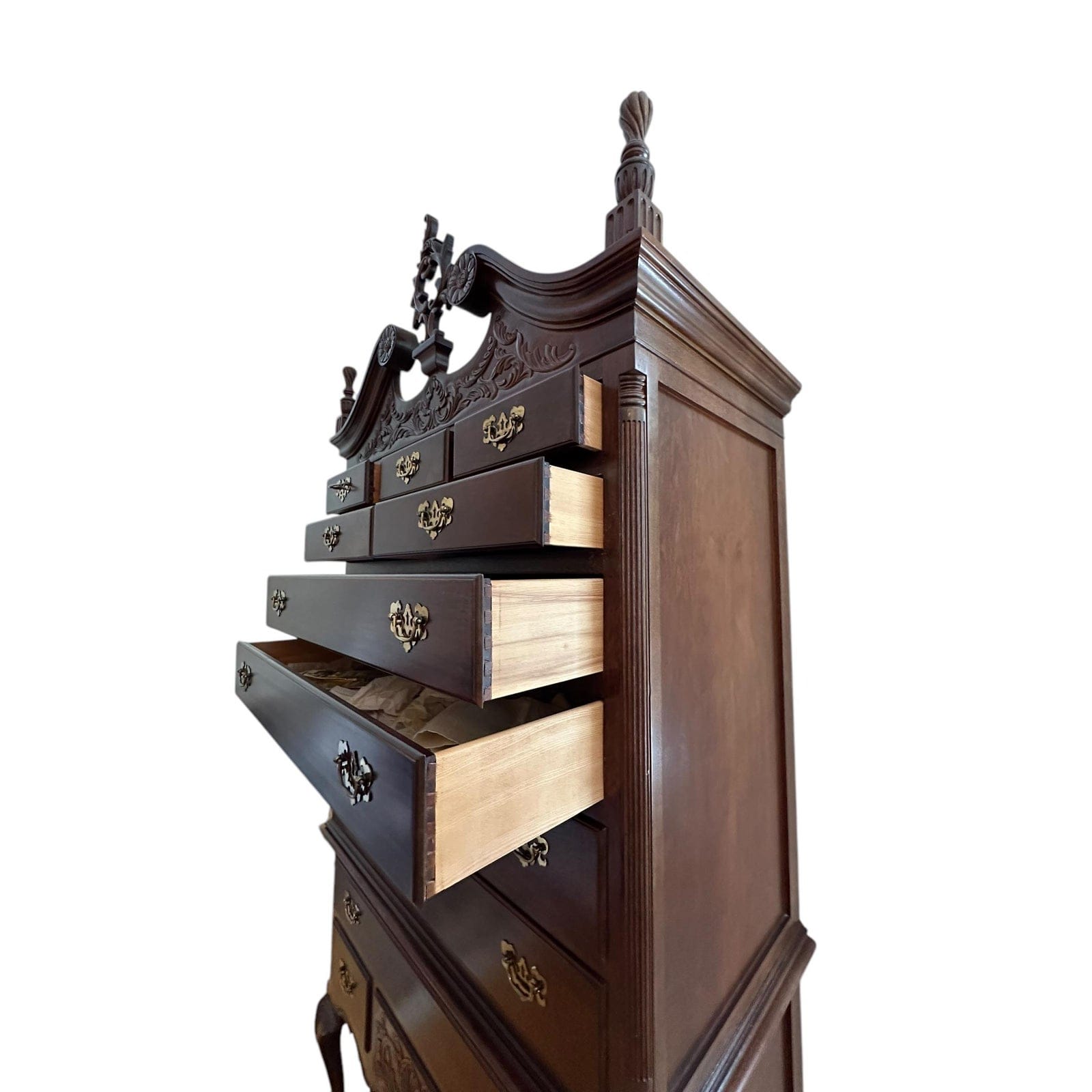 Late 20th Century National Mount Airy Chippendale Solid Cherry Highboy With Brass Hardware | IdleHour