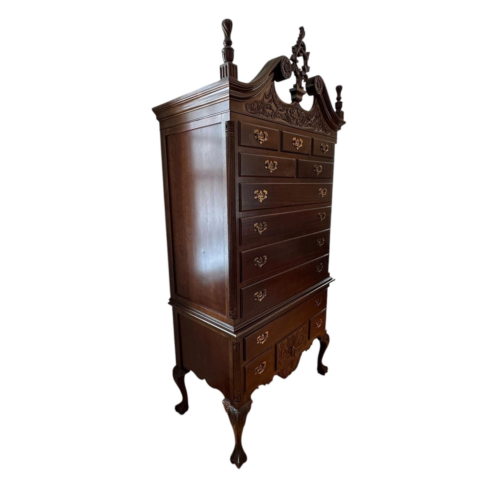 Late 20th Century National Mount Airy Chippendale Solid Cherry Highboy With Brass Hardware | IdleHour