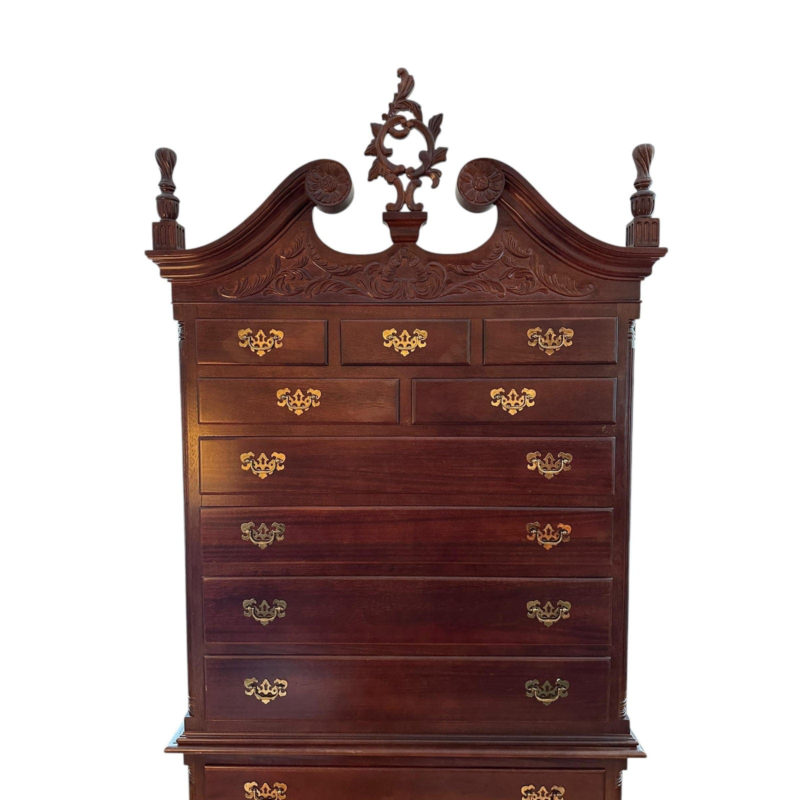 Late 20th Century National Mount Airy Chippendale Solid Cherry Highboy With Brass Hardware | IdleHour
