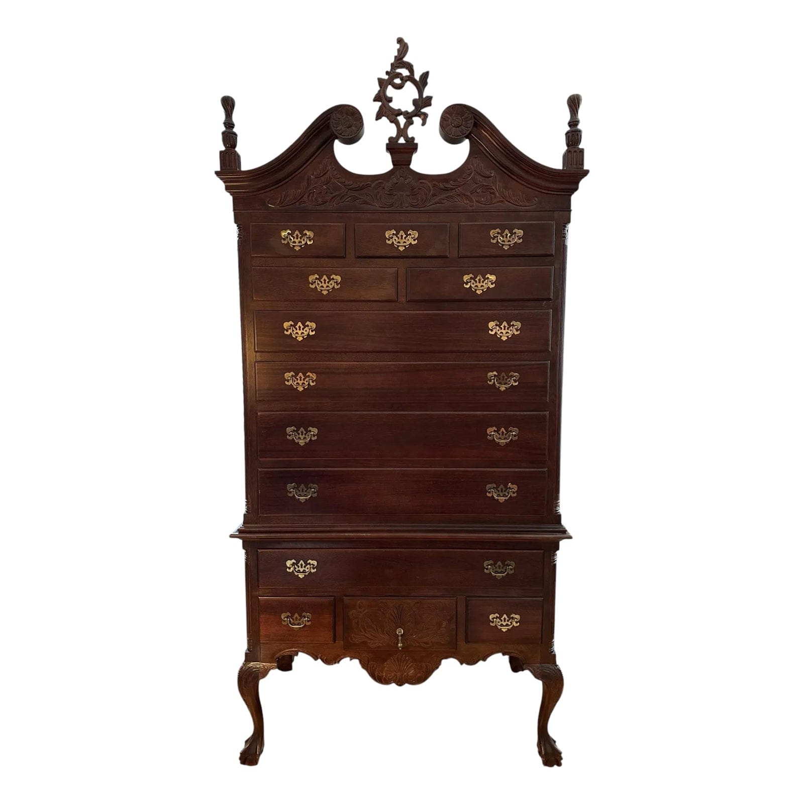 Late 20th Century National Mount Airy Chippendale Solid Cherry Highboy With Brass Hardware | IdleHour
