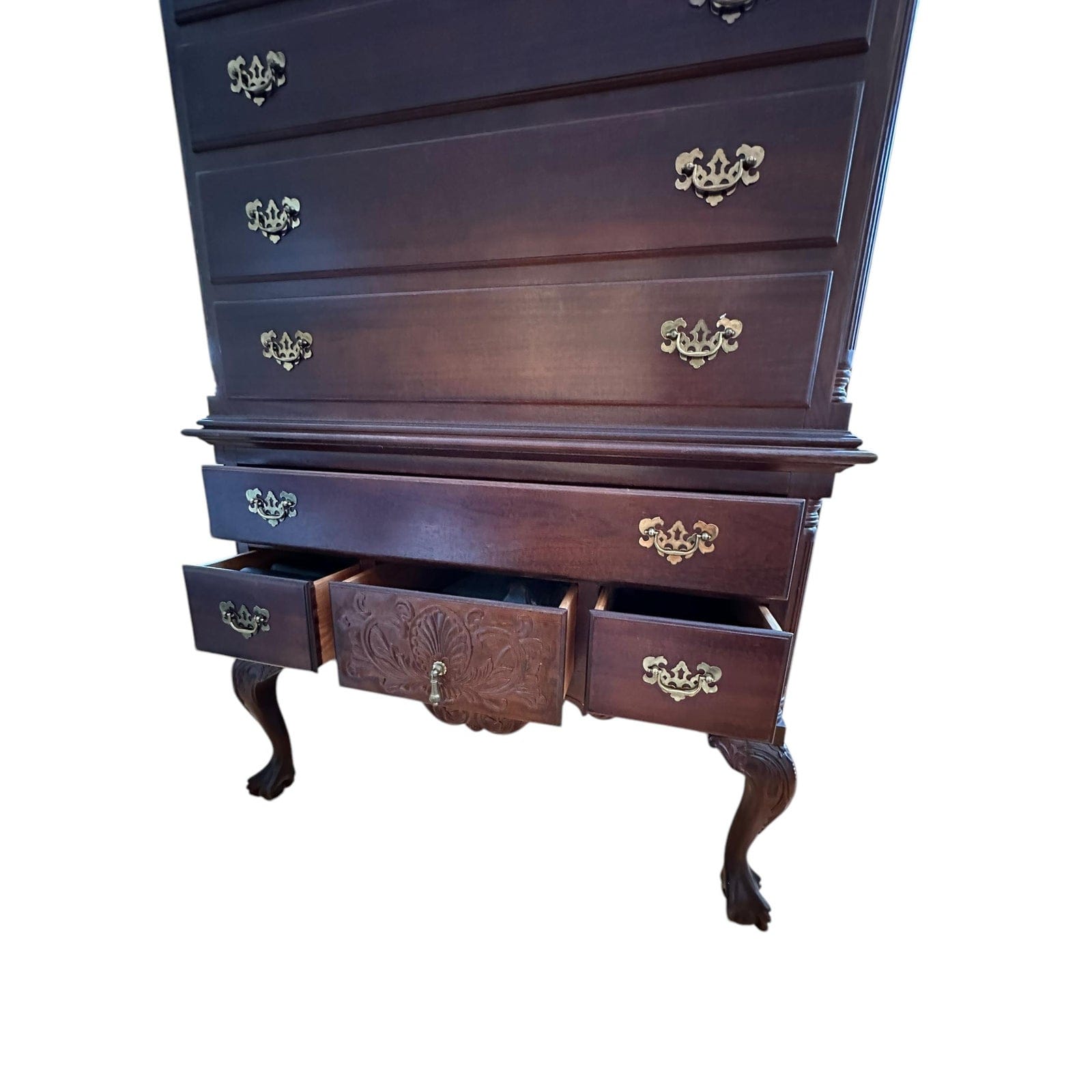 Late 20th Century National Mount Airy Chippendale Solid Cherry Highboy With Brass Hardware | IdleHour