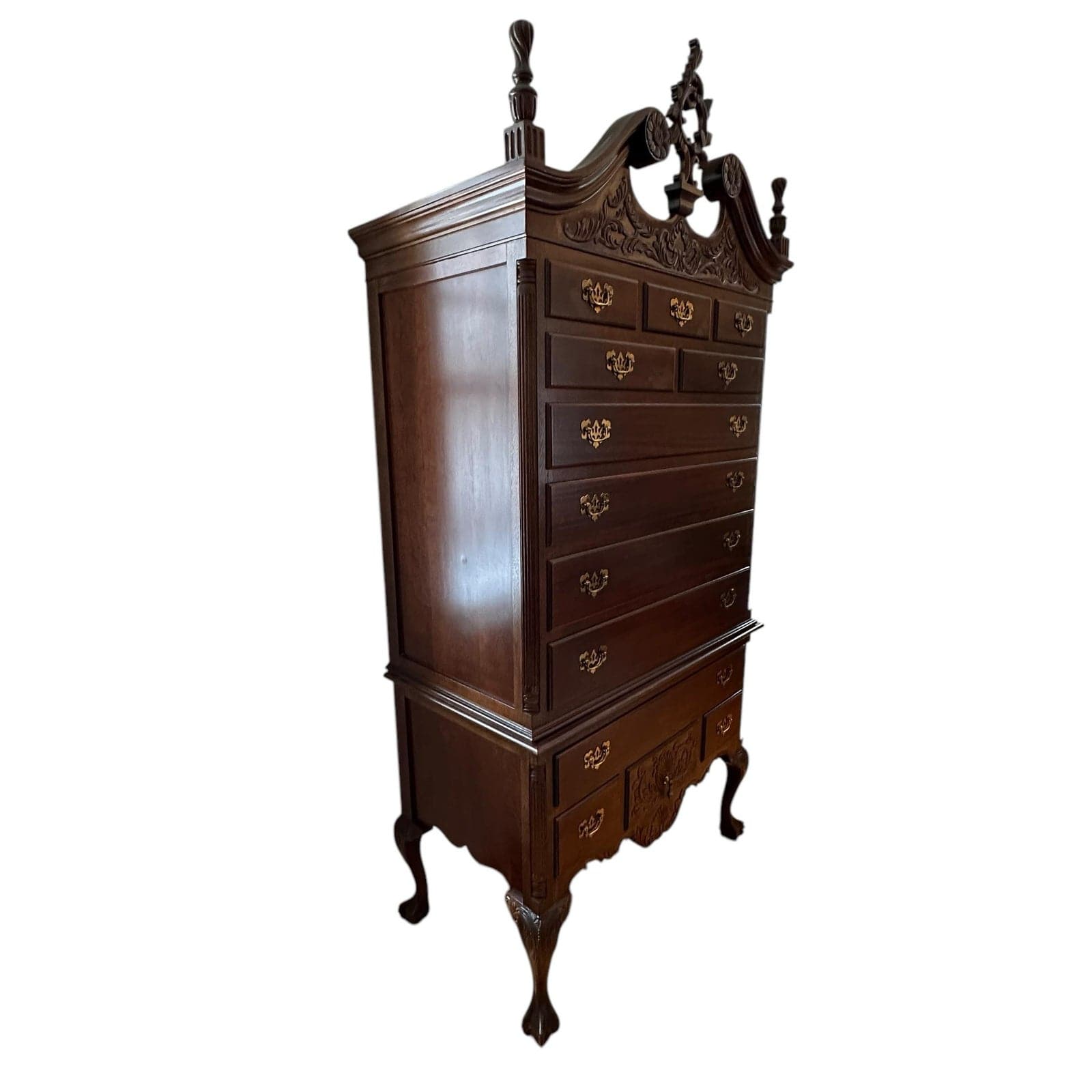 Late 20th Century National Mount Airy Chippendale Solid Cherry Highboy With Brass Hardware | IdleHour