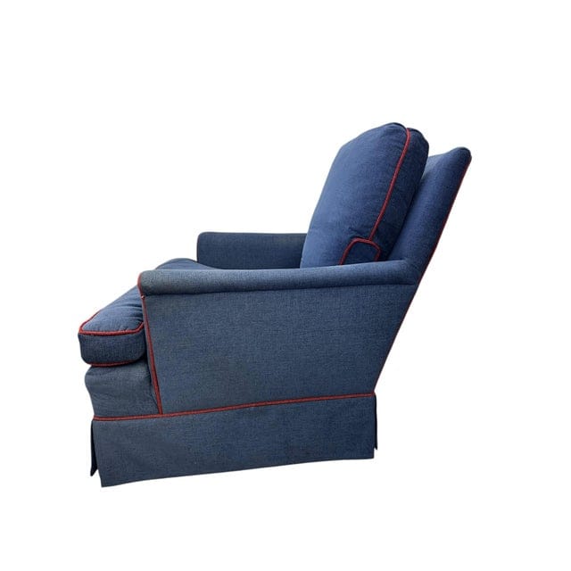 Late 20th Century Navy Upholstered Red-Welted Club Chair With Matching Ottoman | IdleHour