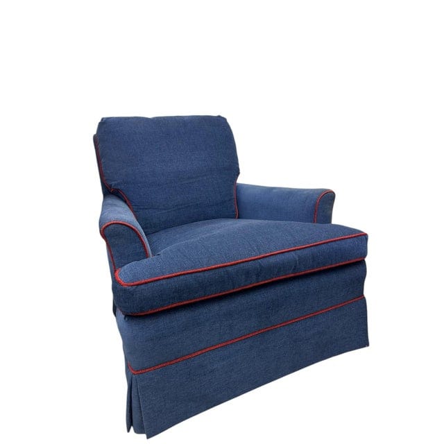 Late 20th Century Navy Upholstered Red-Welted Club Chair With Matching Ottoman | IdleHour