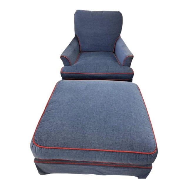 Late 20th Century Navy Upholstered Red-Welted Club Chair With Matching Ottoman | IdleHour