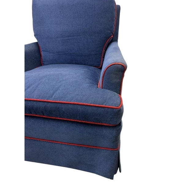 Late 20th Century Navy Upholstered Red-Welted Club Chair With Matching Ottoman | IdleHour