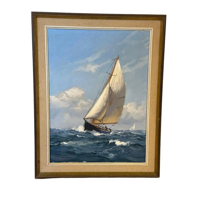 Late 20th Century Seascape Oil Painting "Sailboat on the Sea" by Charles Vickery, Framed | IdleHour