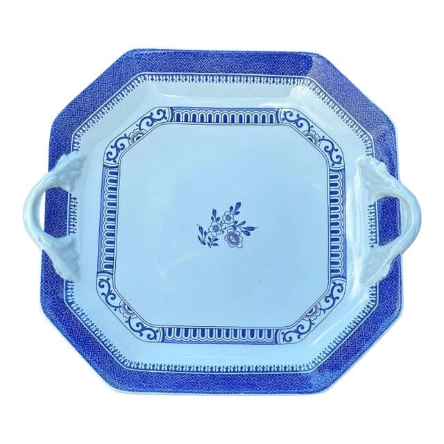 Late 20th Century Spode Handled Cake Plate in Old Bedford Blue Pattern | IdleHour