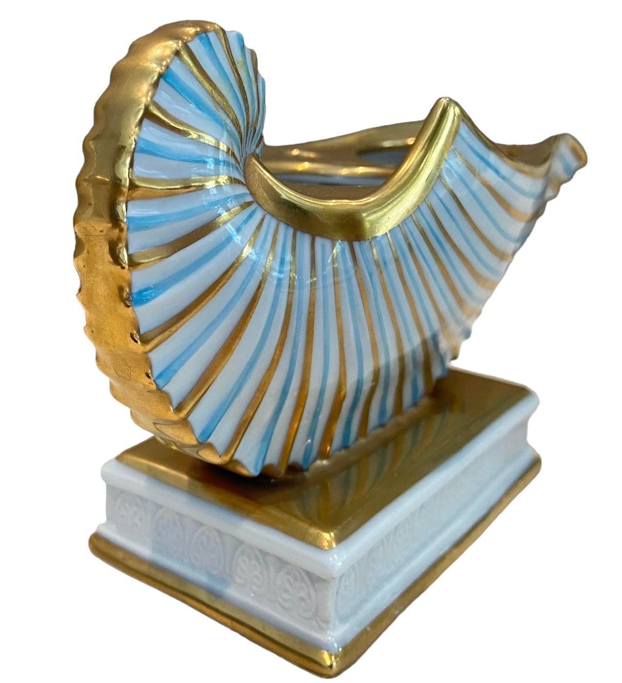 Mid 19th Century Antique Bavarian r.p.m (Germany) Nautilus Shell Porcelain Inkwell in Blue and Gold | IdleHour