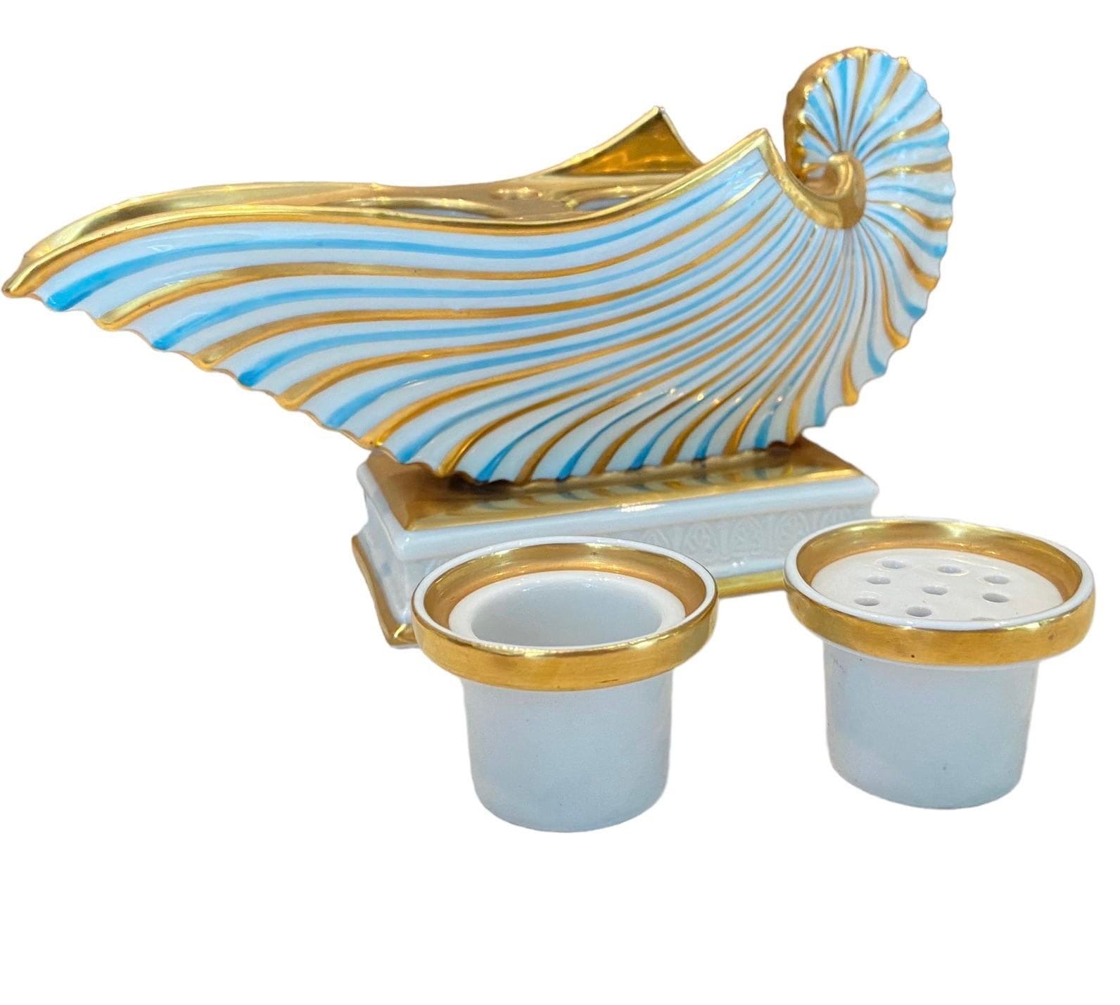 Mid 19th Century Antique Bavarian r.p.m (Germany) Nautilus Shell Porcelain Inkwell in Blue and Gold | IdleHour