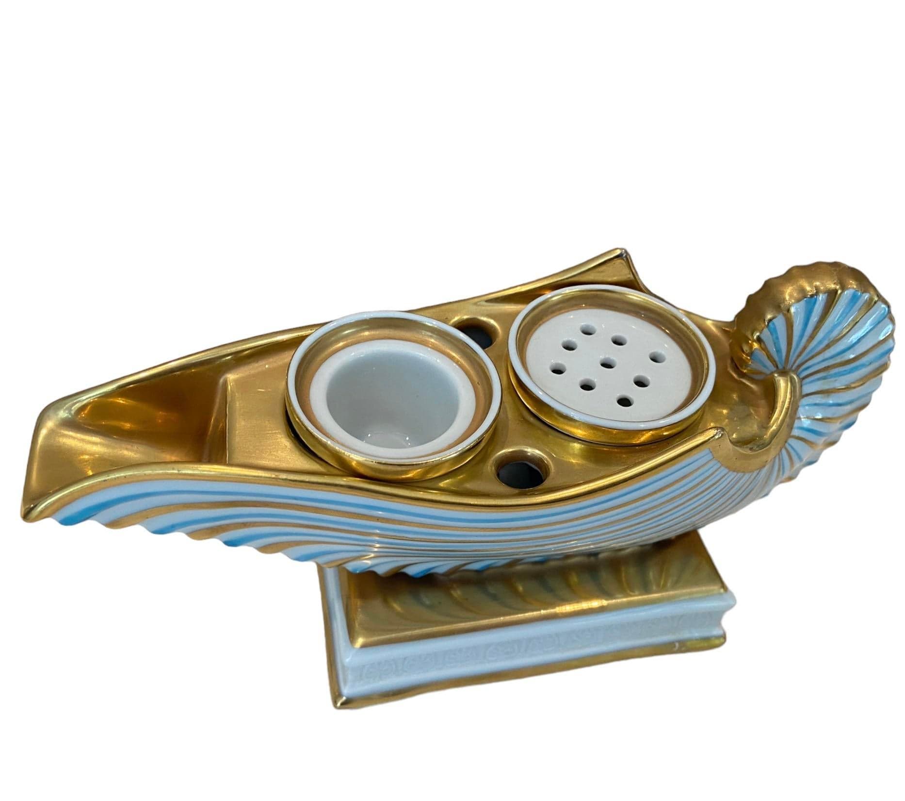 Mid 19th Century Antique Bavarian r.p.m (Germany) Nautilus Shell Porcelain Inkwell in Blue and Gold | IdleHour