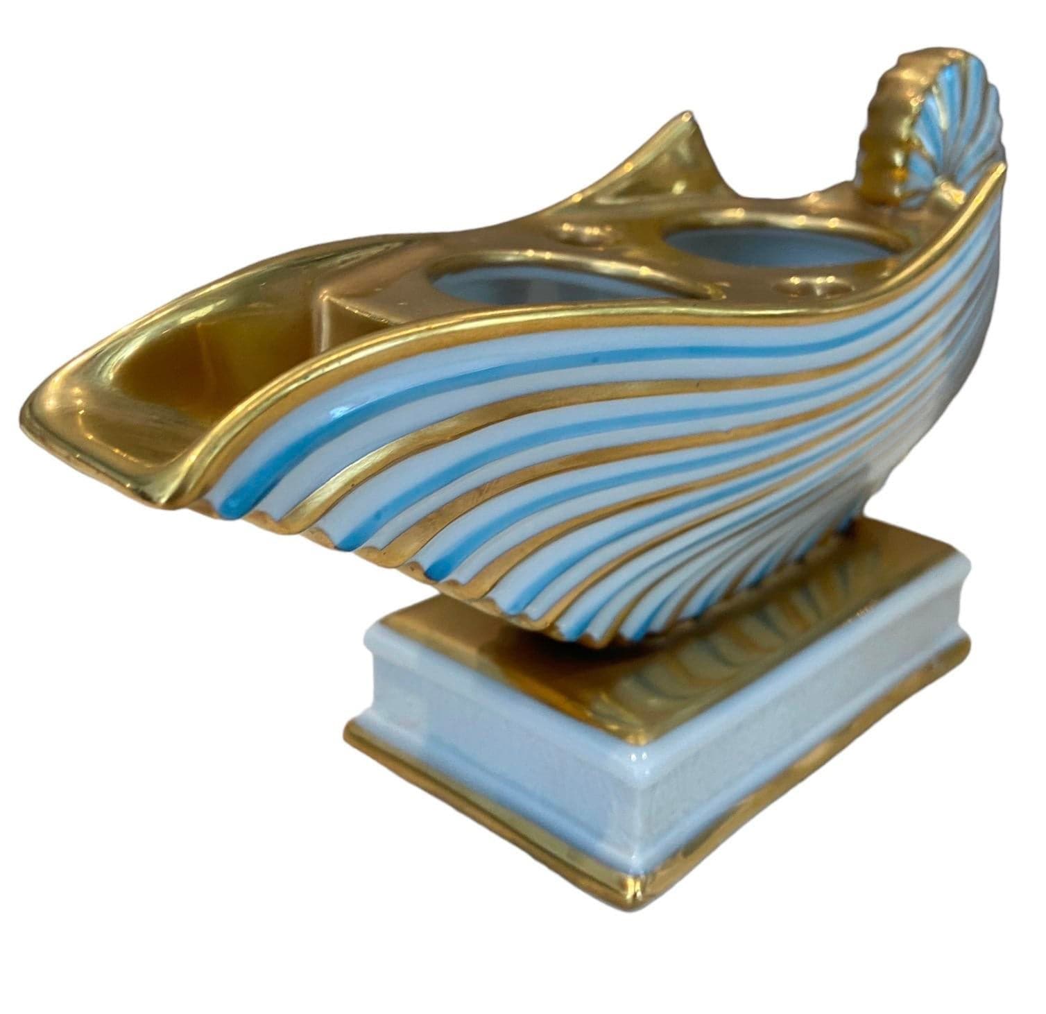 Mid 19th Century Antique Bavarian r.p.m (Germany) Nautilus Shell Porcelain Inkwell in Blue and Gold | IdleHour