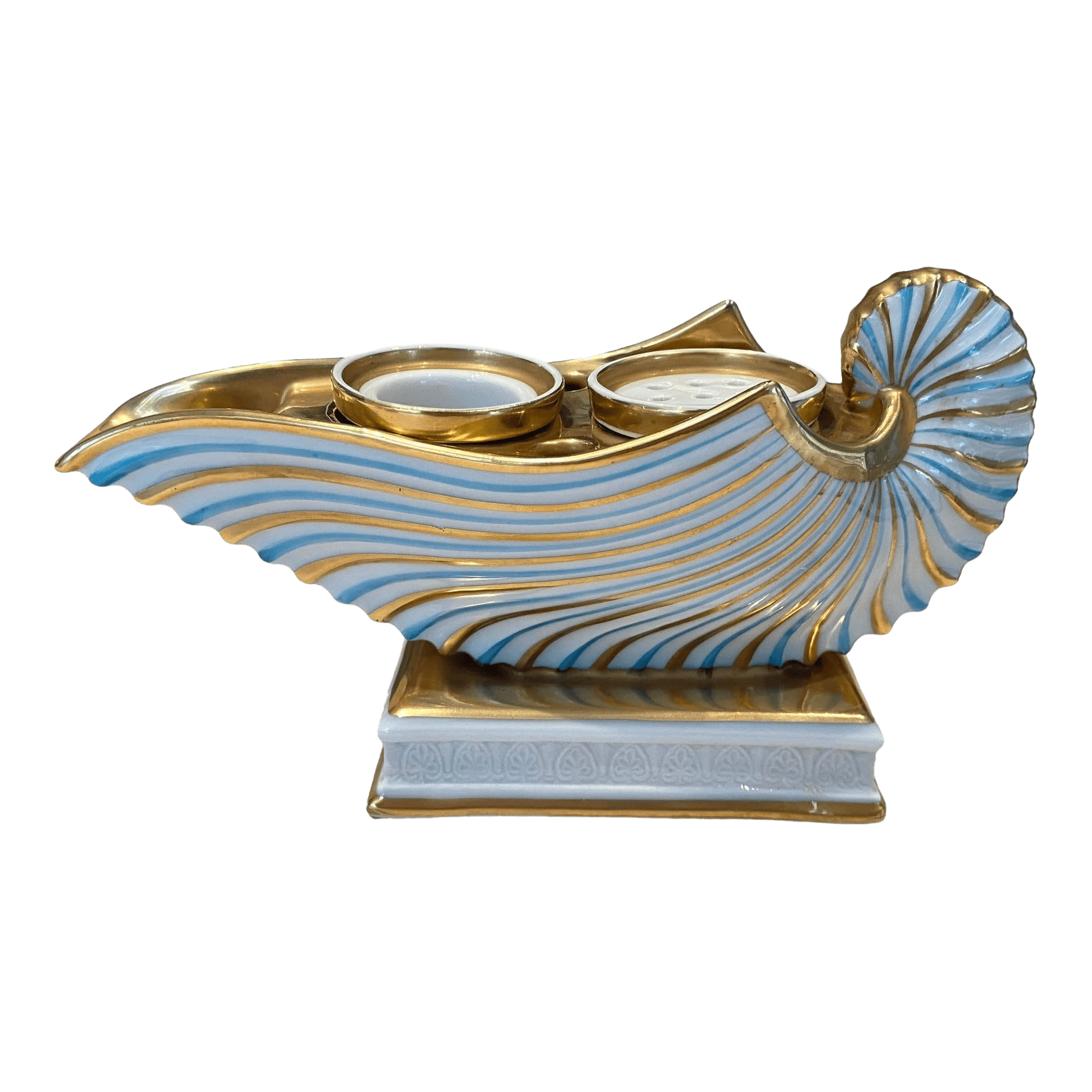 Mid 19th Century Antique Bavarian r.p.m (Germany) Nautilus Shell Porcelain Inkwell in Blue and Gold | IdleHour