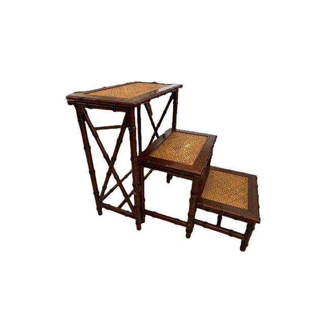 Mid 20th Century Faux Bamboo and Woven Rattan Library Stair | IdleHour