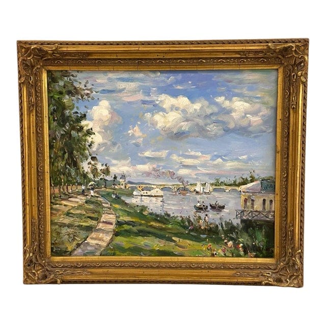 Mid 20th Century Impressionist Riverside Landscape Oil on Canvas - Signed, Framed | IdleHour