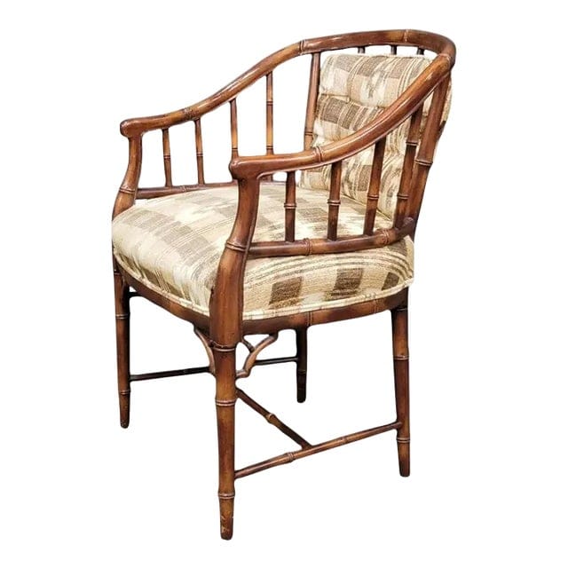 Mid 20th Century Regency Style Faux Bamboo Custom Upholstered Barrel Chair | IdleHour