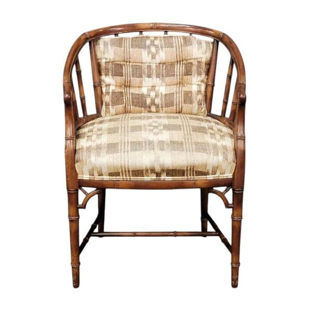 Mid 20th Century Regency Style Faux Bamboo Custom Upholstered Barrel Chair | IdleHour