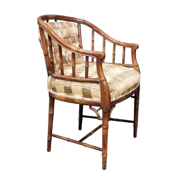 Mid 20th Century Regency Style Faux Bamboo Custom Upholstered Barrel Chair | IdleHour