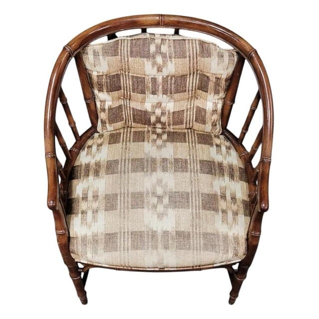 Mid 20th Century Regency Style Faux Bamboo Custom Upholstered Barrel Chair | IdleHour
