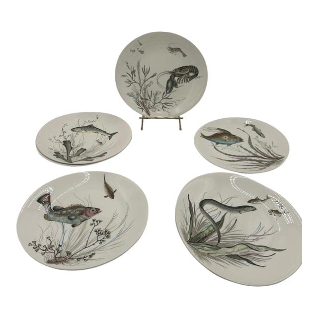Mid 20th Century Set of 11 Vintage Johnson Brothers Fish Dinner Plates - 6 Patterns | IdleHour