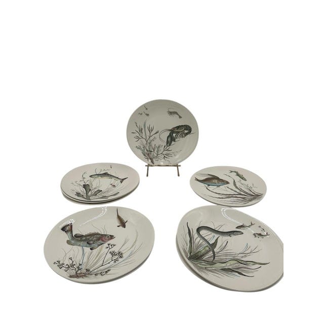 Mid 20th Century Set of 11 Vintage Johnson Brothers Fish Dinner Plates - 6 Patterns | IdleHour