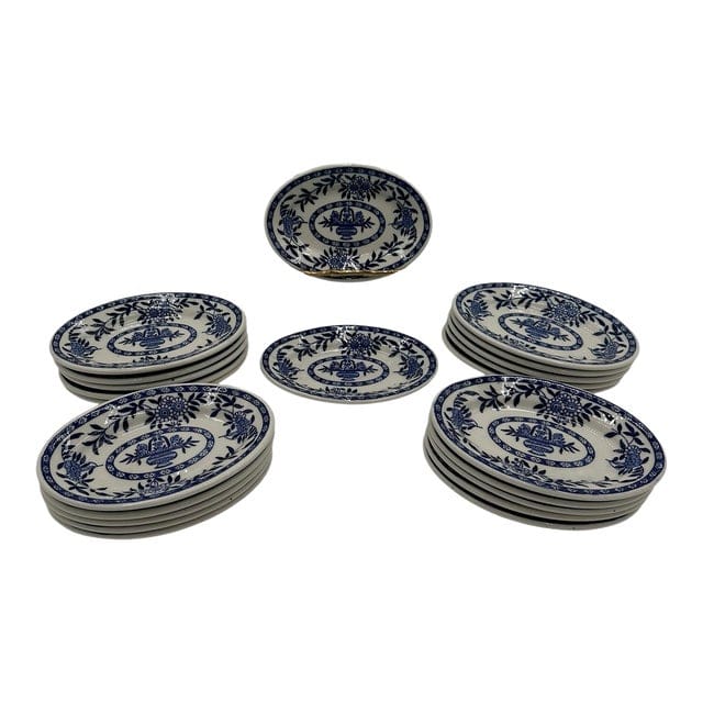Mid 20th Century Set of 22 Sterling China Vitrified Blue & White Appetizer Plates | IdleHour