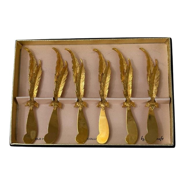 Mid 20th Century Set of 6 24k Gold Plated Feather Cheese Knives – Janis Collection by Jancraft | IdleHour