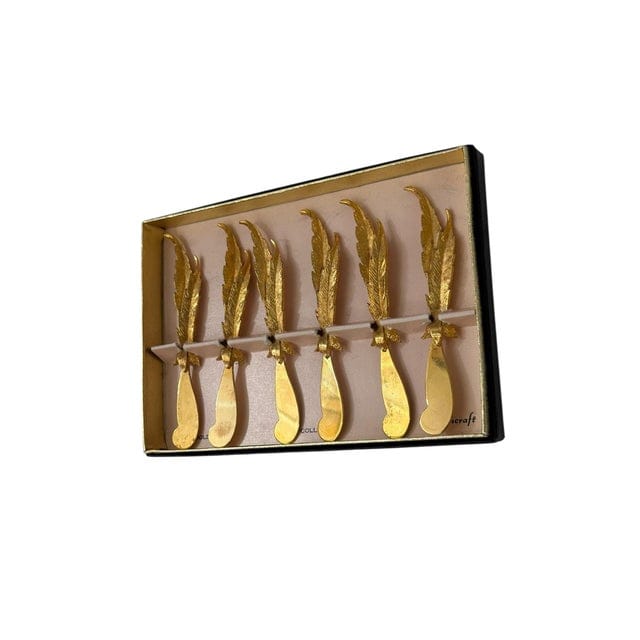 Mid 20th Century Set of 6 24k Gold Plated Feather Cheese Knives – Janis Collection by Jancraft | IdleHour