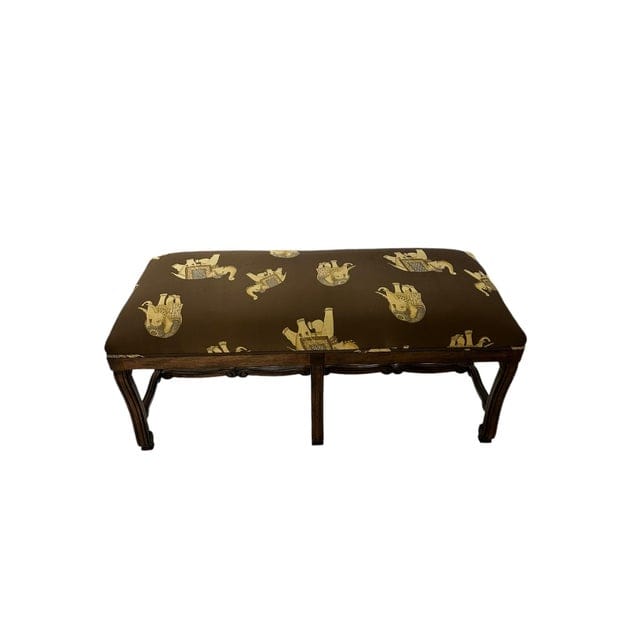 Mid 20th Century Silk Embroidered Elephant Print and Wood Frame Bench | IdleHour