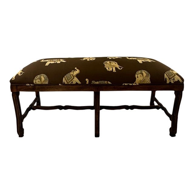 Mid 20th Century Silk Embroidered Elephant Print and Wood Frame Bench | IdleHour