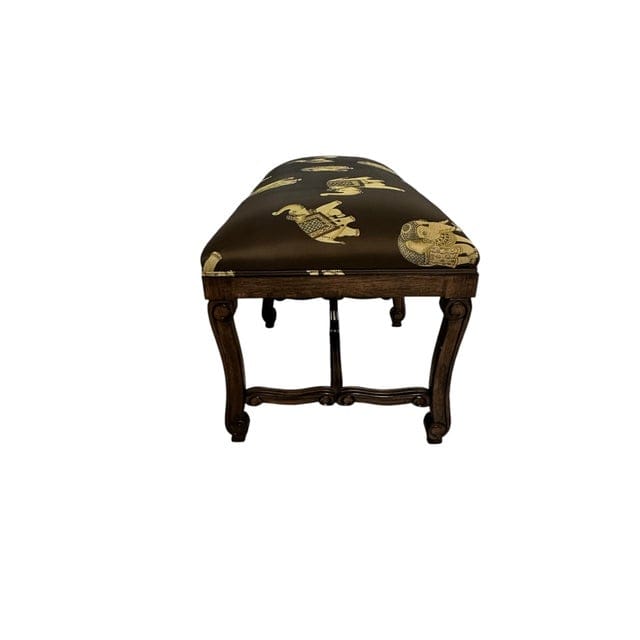 Mid 20th Century Silk Embroidered Elephant Print and Wood Frame Bench | IdleHour