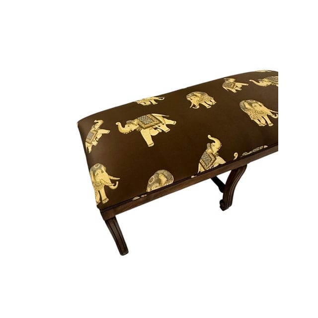 Mid 20th Century Silk Embroidered Elephant Print and Wood Frame Bench | IdleHour