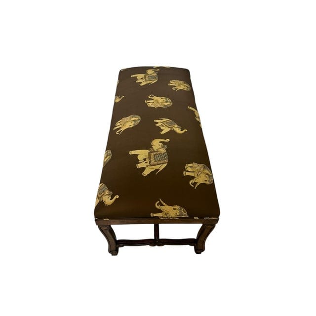 Mid 20th Century Silk Embroidered Elephant Print and Wood Frame Bench | IdleHour