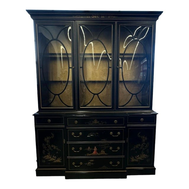 Mid 20th Century Vintage Black Lacquered Chinoiserie Bubble Glass Display Cabinet by Jasper Cabinet Company | IdleHour