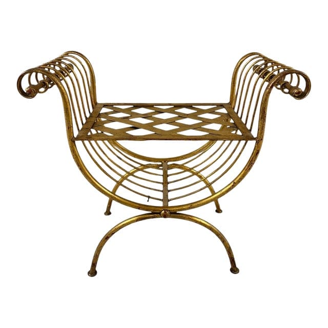 Mid-Century Hollywood Regency Gold Foil Gilt Curule Bench | IdleHour
