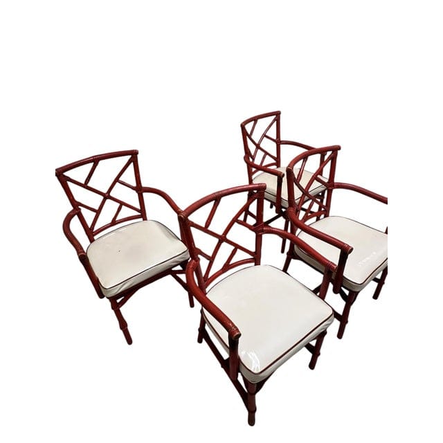 Mid-Century Red Rattan Chairs With White Vinyl Cushions - Set of 4 | IdleHour