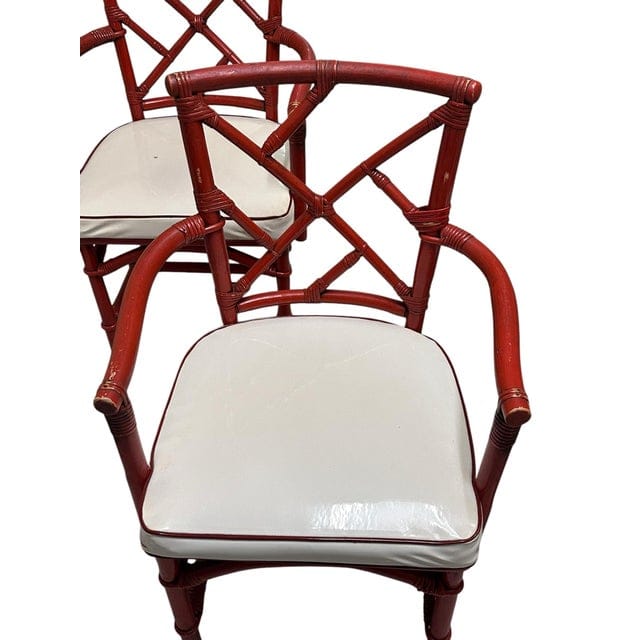 Mid-Century Red Rattan Chairs With White Vinyl Cushions - Set of 4 | IdleHour