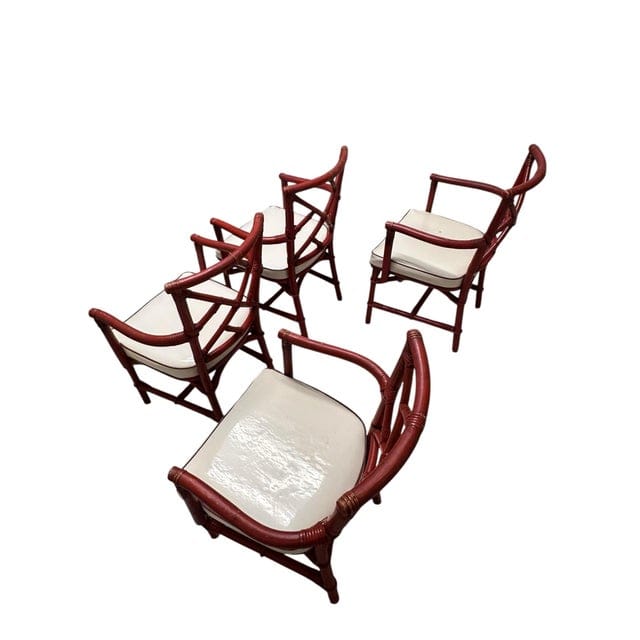 Mid-Century Red Rattan Chairs With White Vinyl Cushions - Set of 4 | IdleHour