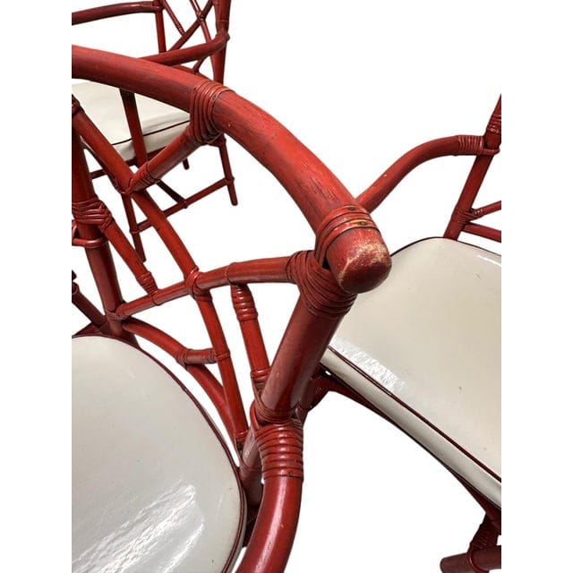 Mid-Century Red Rattan Chairs With White Vinyl Cushions - Set of 4 | IdleHour