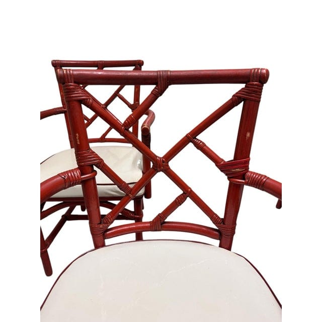 Mid-Century Red Rattan Chairs With White Vinyl Cushions - Set of 4 | IdleHour