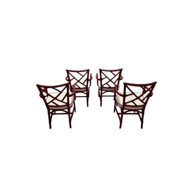 Mid-Century Red Rattan Chairs With White Vinyl Cushions - Set of 4 | IdleHour